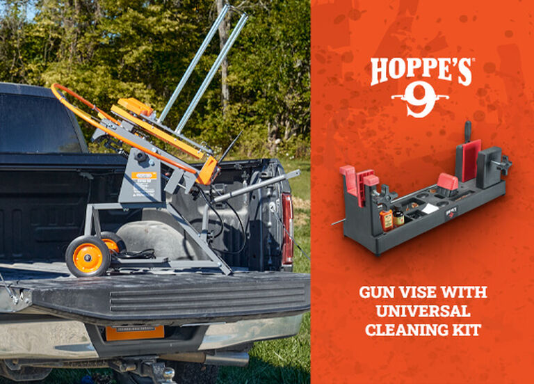 The Wheelybird 3.0™ Auto-Feed Trap sitting on truck bed with callout of Hoppe's Gun Vise with Universal Cleaning Kit on orange background