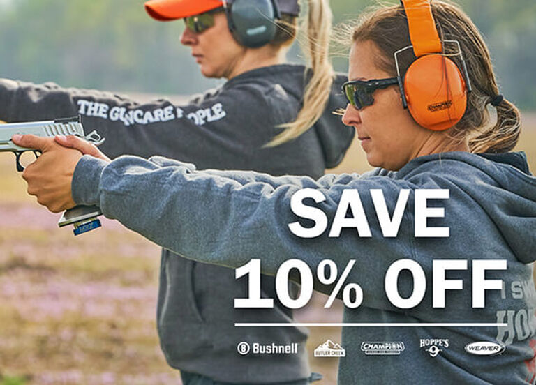 Target shooters wearing Champion Ear Muffs aiming pistols, save 10% on Bushnell, Butler Creek, Champion, Hoppe's, and Weaver