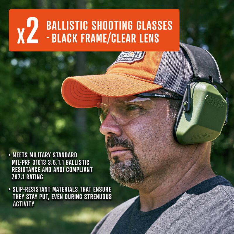 x2 Ballistic Shooting Glasses Black Frame Clear Lens Meets Military Standard MIL-PRF 31013 3.5.1.1 Ballistic Resistance and ANSI Compliant Z87.1 Rating Slip-Resistant Materials Ensure the stay put even during strenuous activity