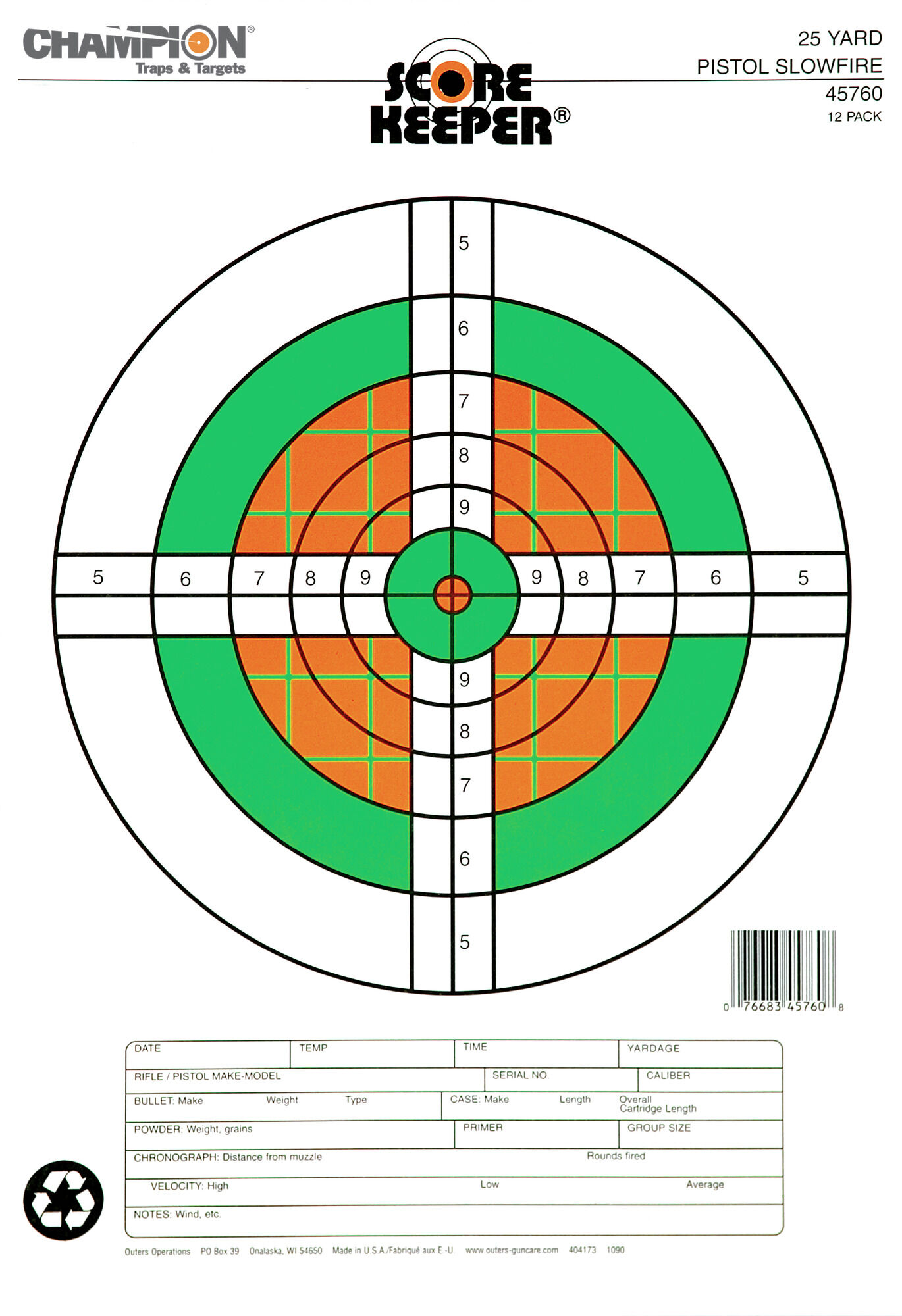 12 Champion Score Keeper 100 Yard Rifle Sighting In Targets FL Green Orange 