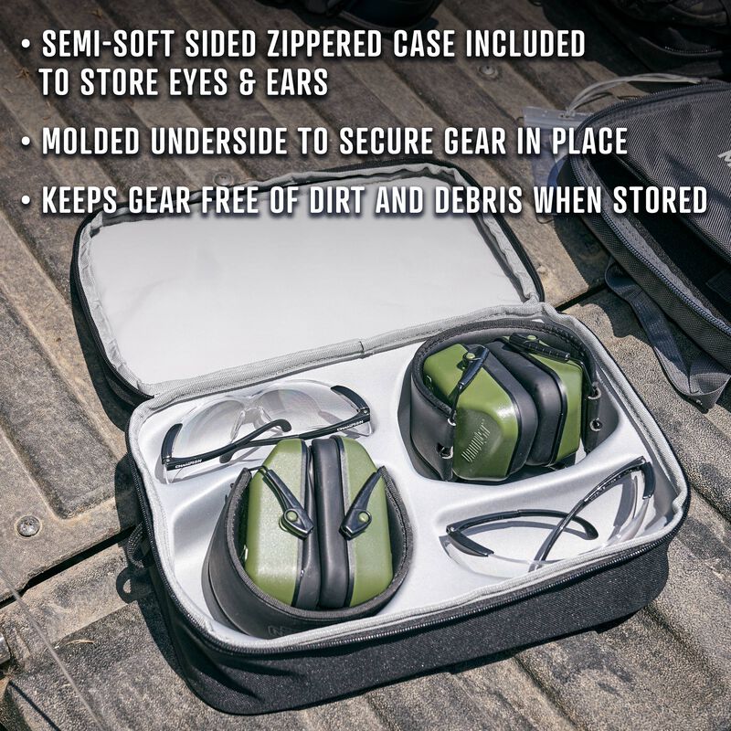 Semi soft sided zippered case for storage. Molded underside to secure gear. Keeps gear free of dirt and debris when stored.